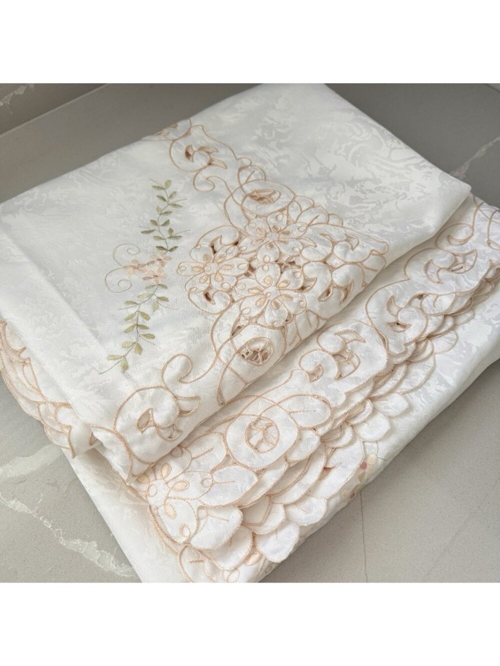 Oversized Vintage Tablecloth Floral Embroidered Intricate Cutwork White 65x102”